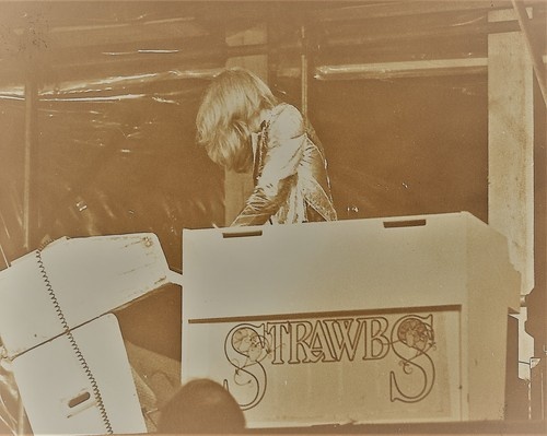 Strawbs performer at a keyboard, with the band name on an instrument panel, at the 1972 Chelmsford Folk Festival