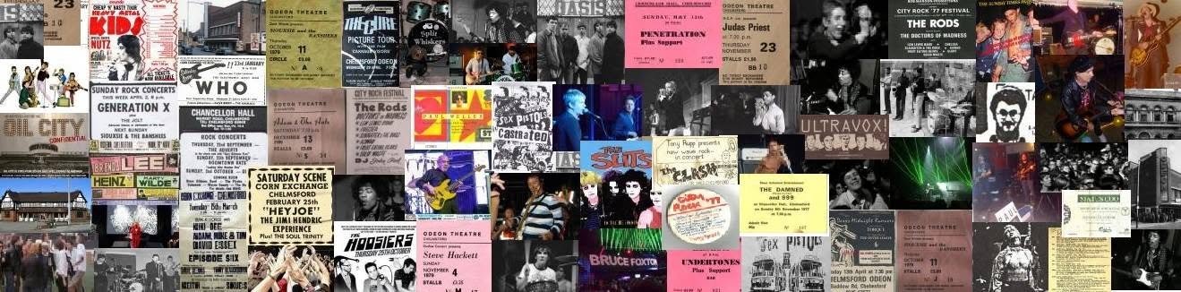 A wide collage of Chelmsford music posters, tickets, venues and performers.