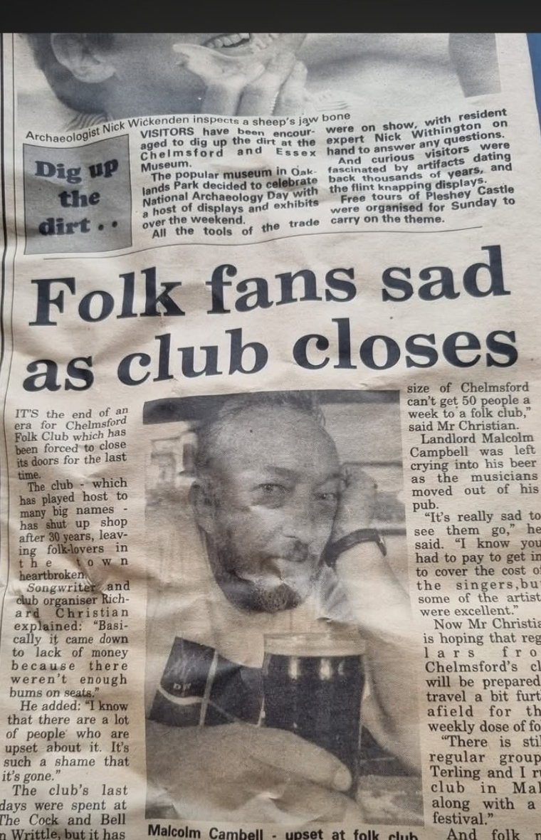 1995 Chelmsford Weekly News cutting about Chelmsford Folk Club closing